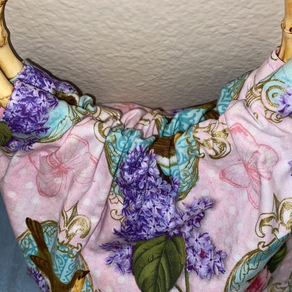 Homemade handbag, purse, satchel w/ bamboo handles & vintage style fabric - Picture 7 of 8